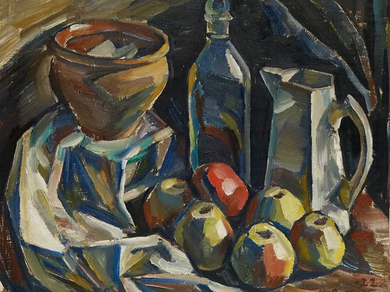 1891-Ilmari Aalto - Natura morta con brocca, vaso, bottiglia e mele